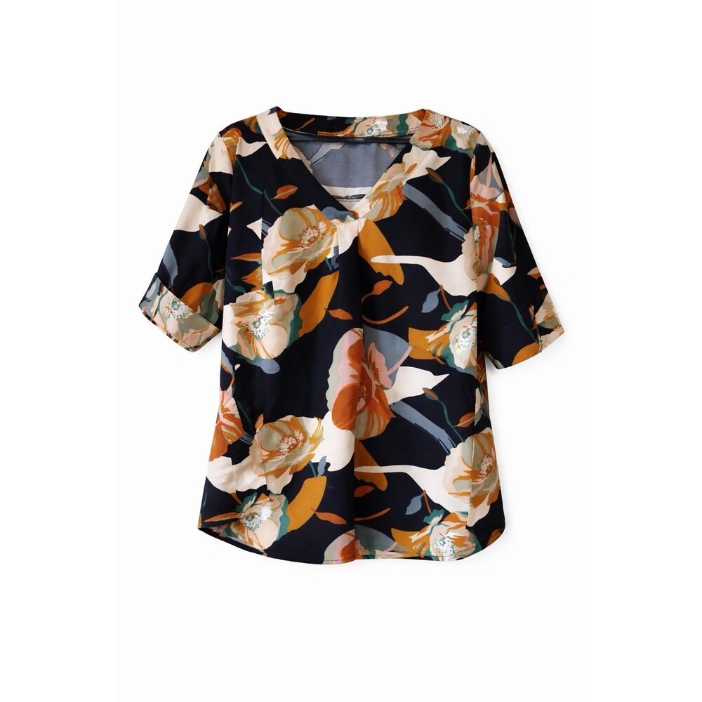 U. Vomade Women’s L Floral‎ Blouse Black Orange Print Chic V-Neck